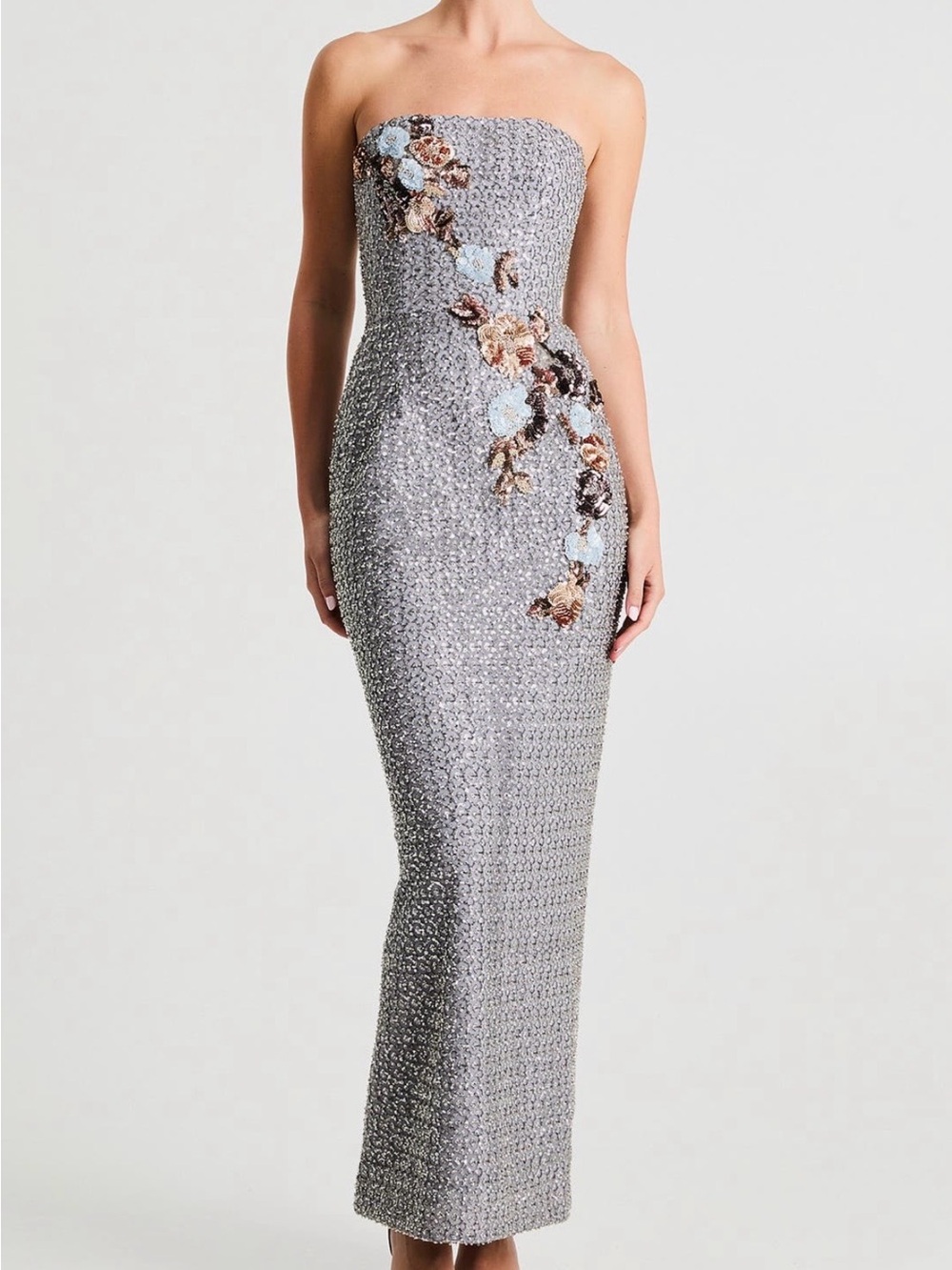 HELSI Silvia Floral Sequin Strapless Cocktail Silver Dress